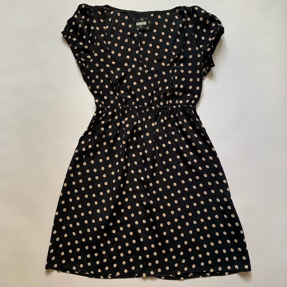 Reformation Black Floral Polka Dot Mini Dress